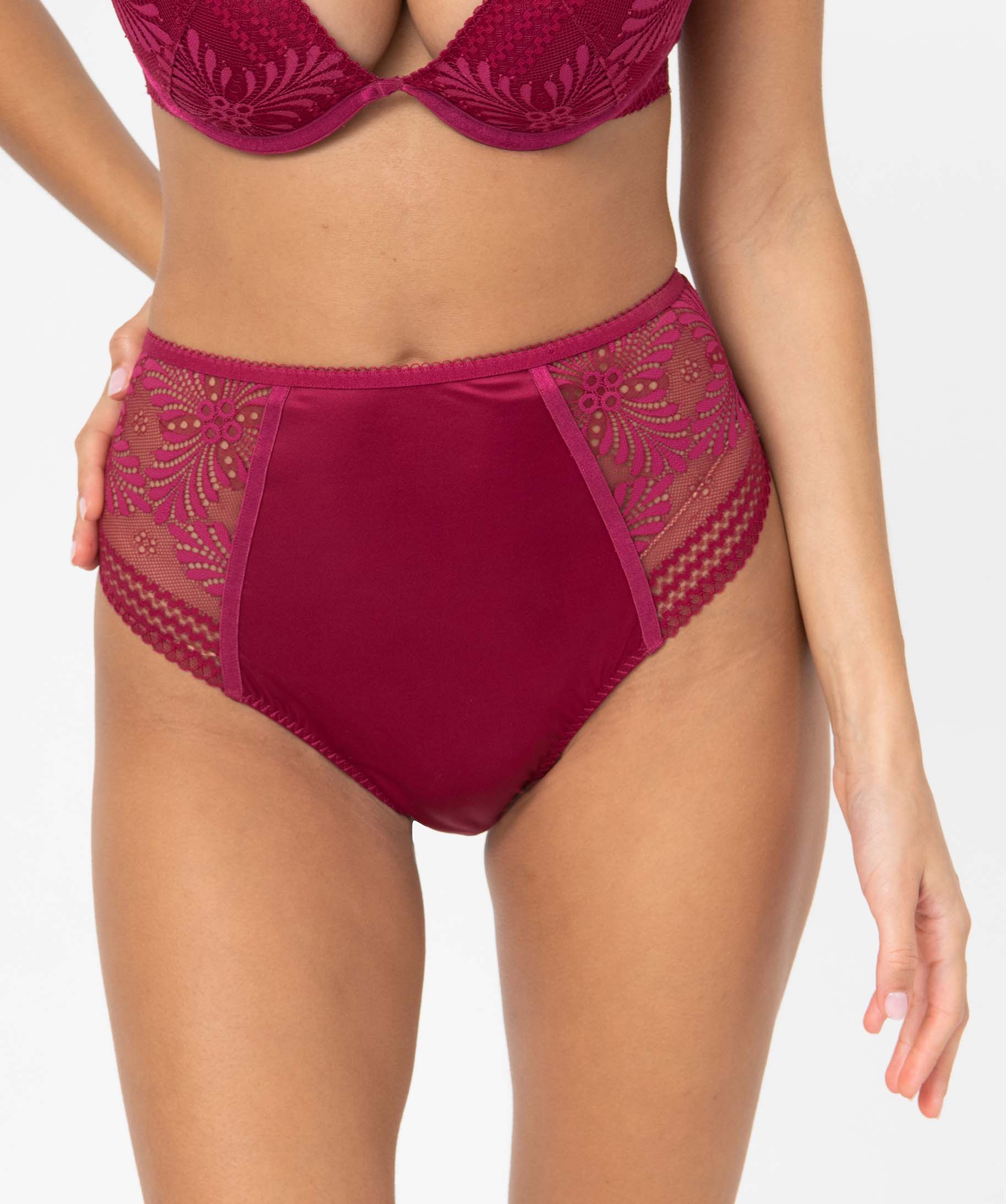 Culotte femme taille haute en microfibre et dentelle rouge | GEMO