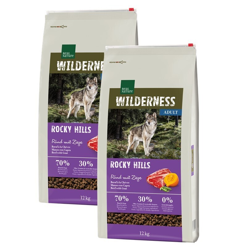 REAL NATURE Hundetrockenfutter REAL NATURE WILDERNESS Rocky Hills Rind & Ziege 2x12 kg
