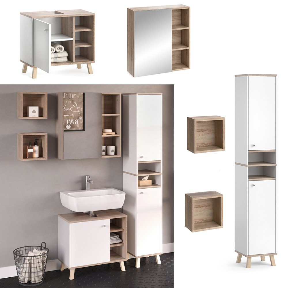 Vicco Badmöbel-Set Badezimmerset SENYO Sonoma / Weiß Set 6, (5er-Set, 5-St., 5-er Set)