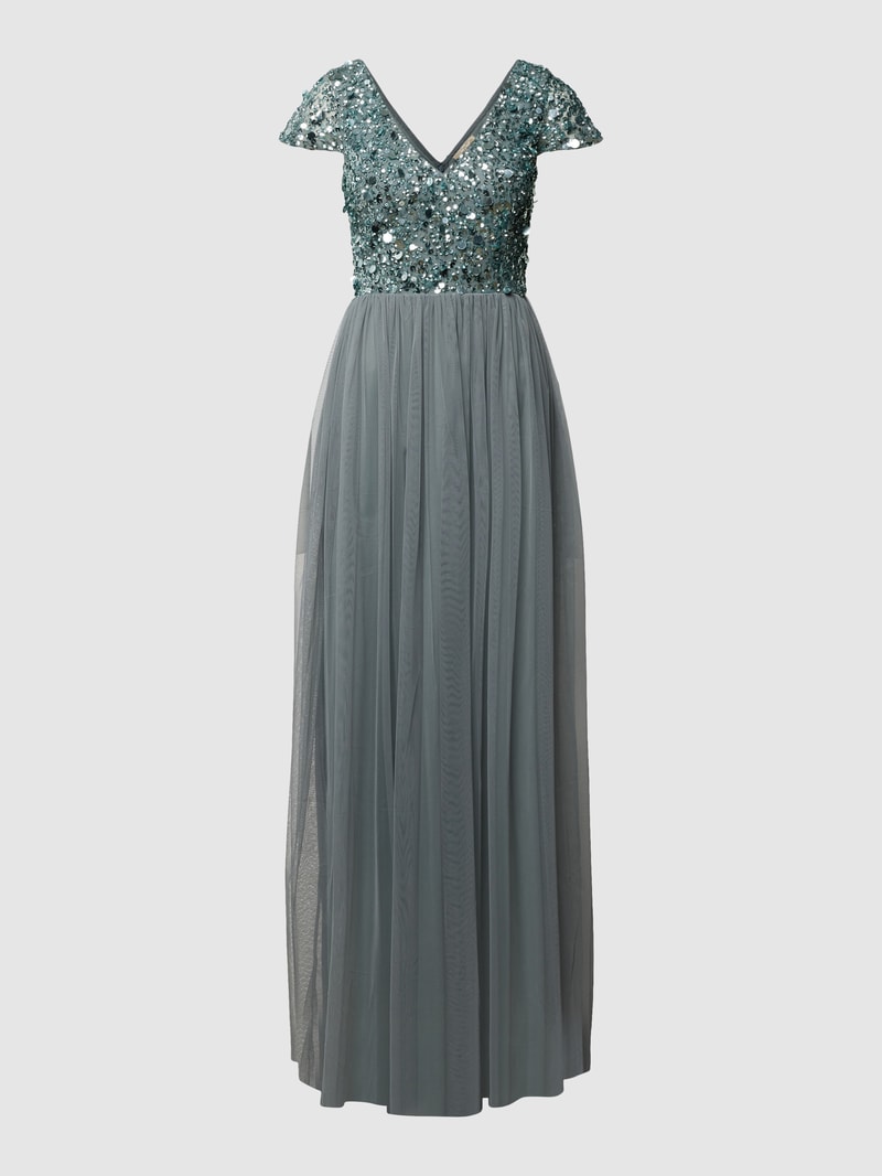 Abendkleid in Maxilänge mit Paillettenbesatz in dunkelgrau