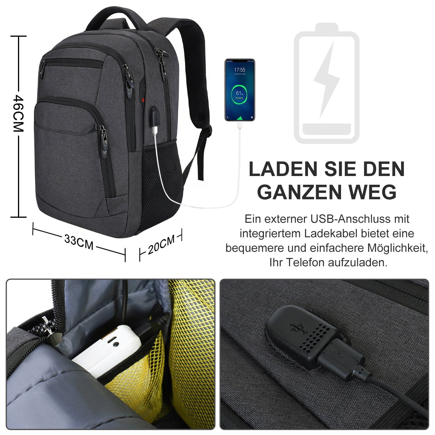 OSTWOLKE Laptoprucksack Laptop Rucksack Arbeit Reisen Wandern Schulrucksack Laptoptasche, mit Lptopfach, mit USB-Ladeanschluss