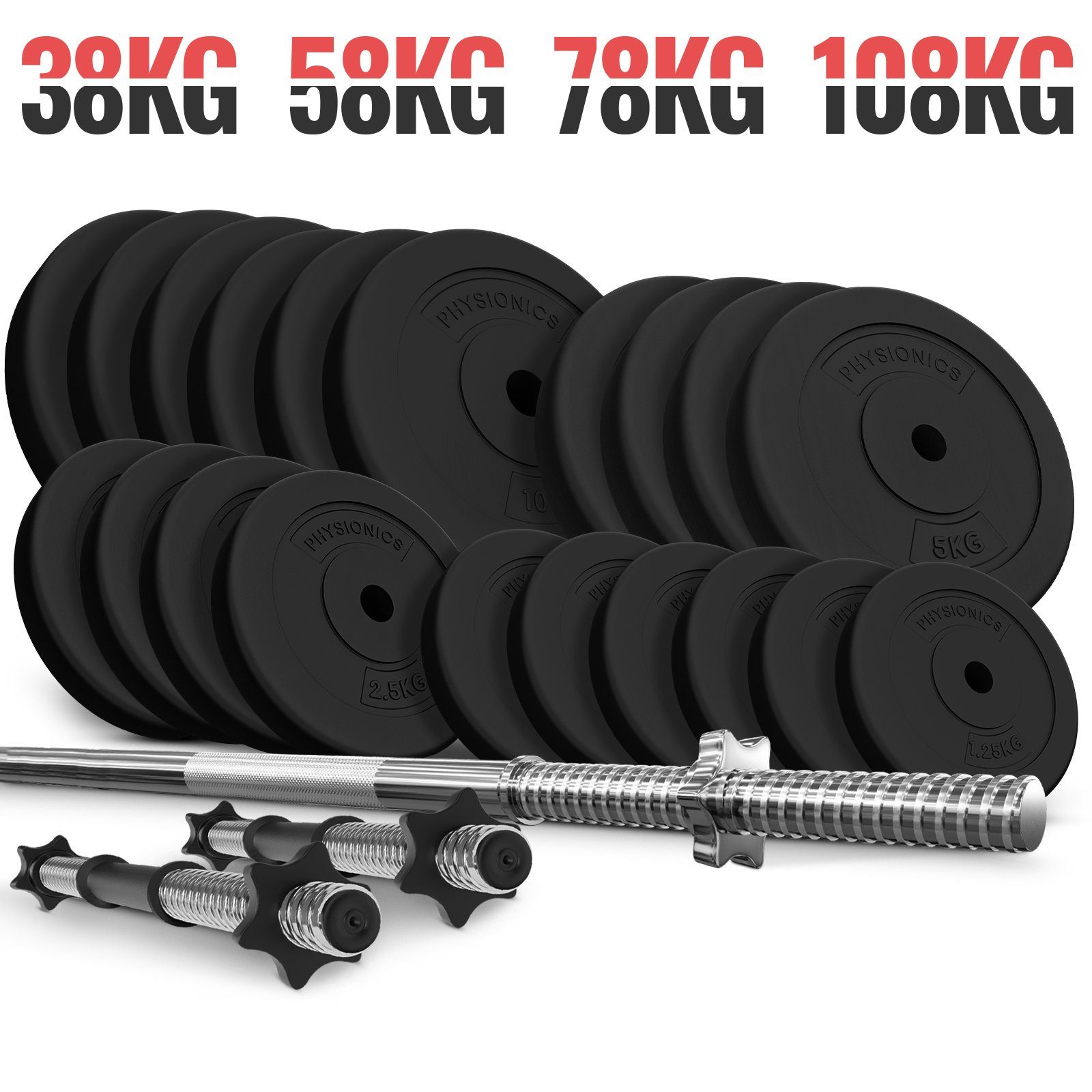Physionics Langhantel Hantelset - 38/58/78/108 kg Set, Langhantel (165cm, Ø30 mm, bis 500kg), (Set)