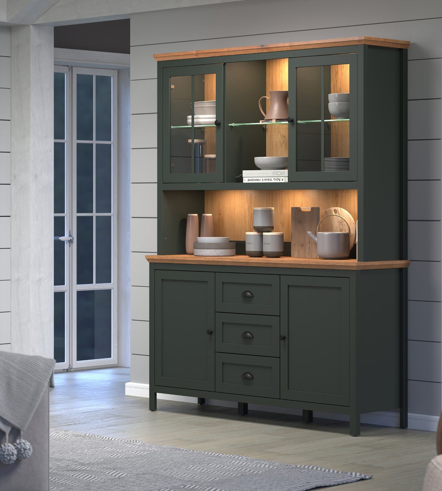 trendteam Buffet Stanton (Buffetschrank in Landhaus grün mit Eiche, 146 x 198 cm) mit LED Beleuchtung