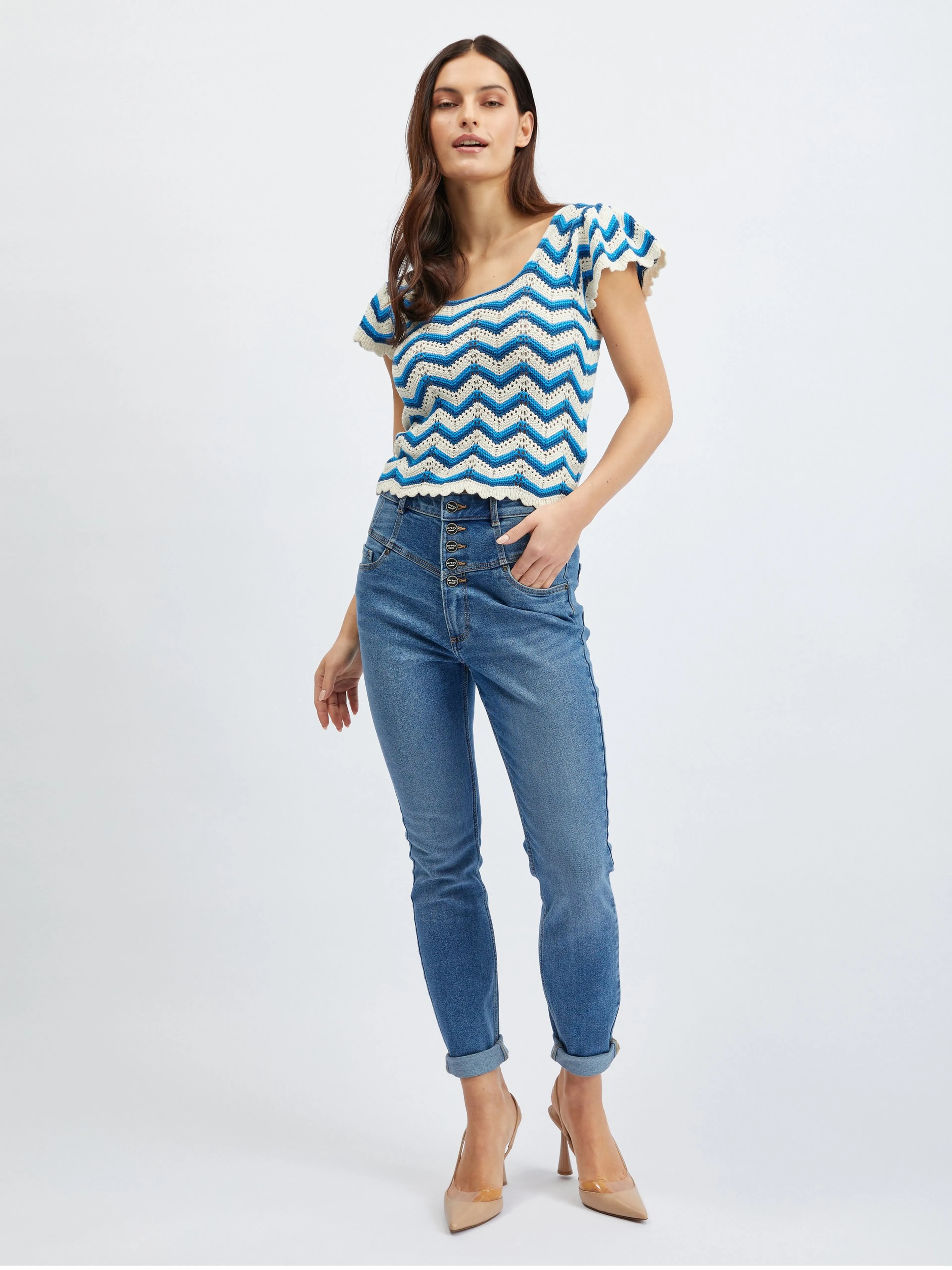 Blau-weiß gemustertes Damen-Pullover-Shirt ORSAY