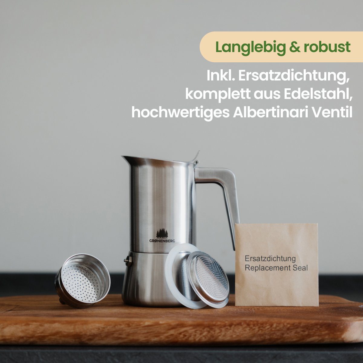 GRØNENBERG Espressokocher Edelstahl, Induktion geeignet, 6 Tassen, 0.3l Kaffeekanne, Inkl. Ersatzdichtung, Espressokanne frei von Aluminium & unbeschichtet