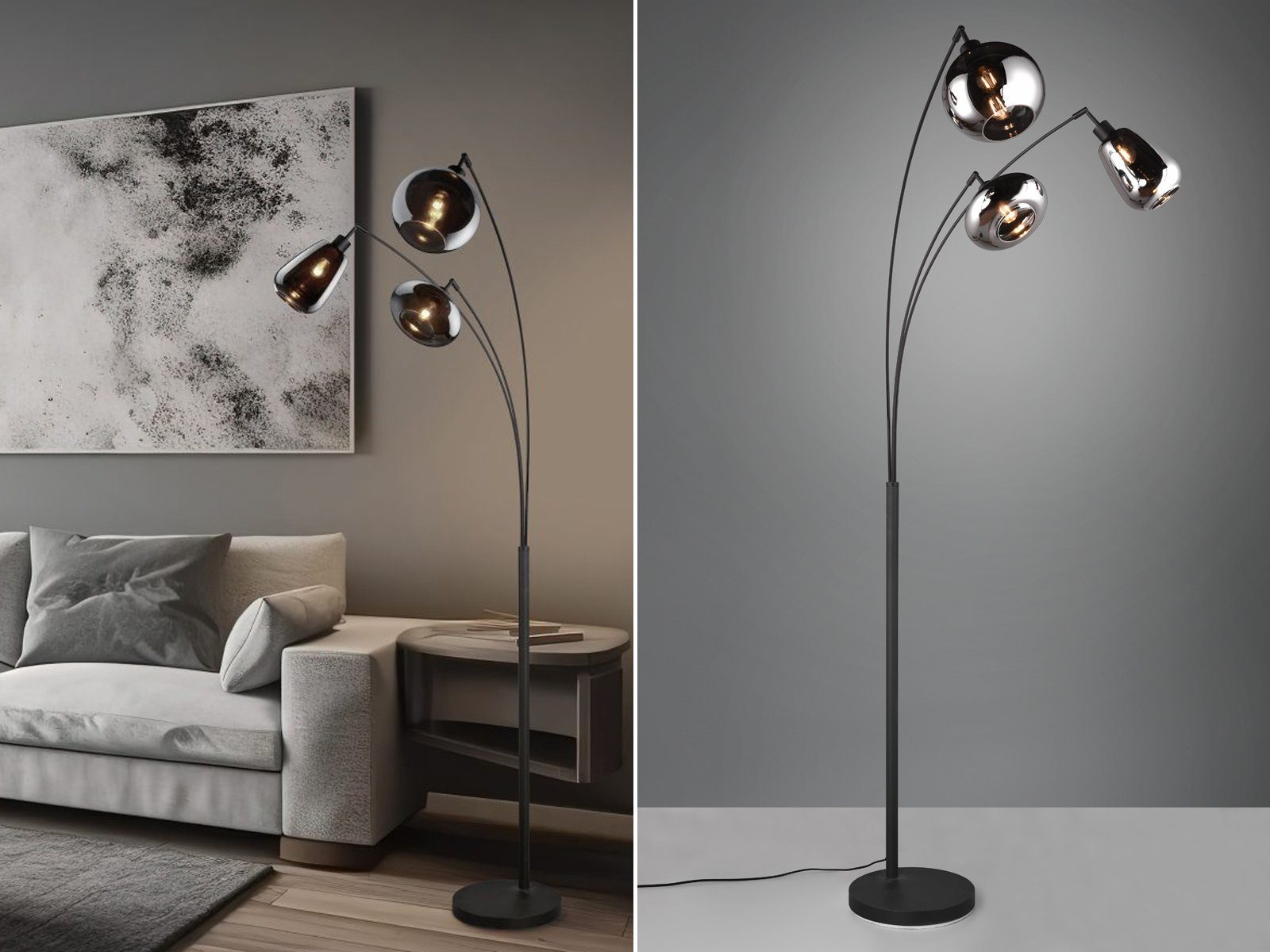 meineWunschleuchte LED Stehlampe, Dimmfunktion, LED wechselbar, Warmweiß, große Designer Leselampe dimmbar, schwarz, Kugel Rauchglas Höhe 200cm