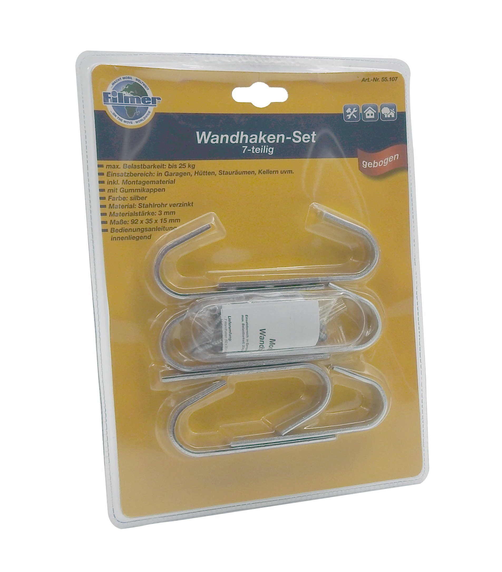 Diedrich Filmer GmbH Wandhaken Stahl, Garage, Werkstatt, Keller, Lager, (7-teilig), bis 25kg Universal Haken Wandhalter Gerätehaken Garage Keller