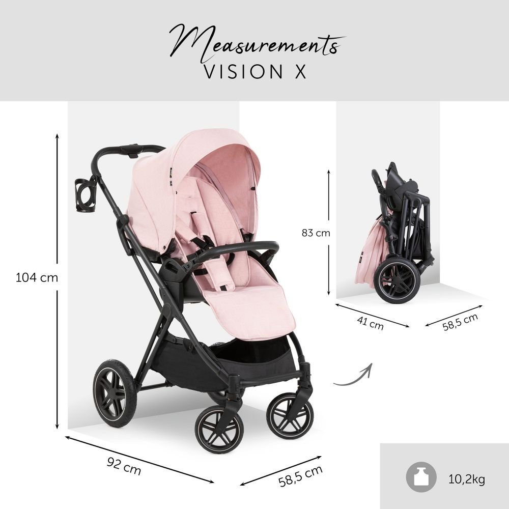 Hauck Kombi-Kinderwagen Vision X Duoset Black - Melange Rose, (7-tlg), 2in1 Kinderwagen Buggy Set mit Babywanne, Sportsitz und Regenschutz