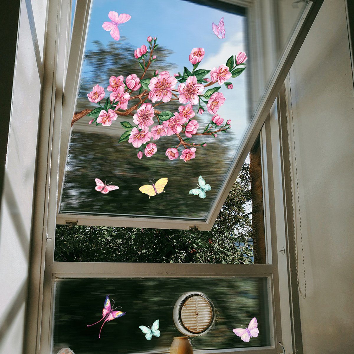 Fenstersticker Zweig-Pfirsichblüten-Schmetterlings-Fensteraufkleber, Aatrx