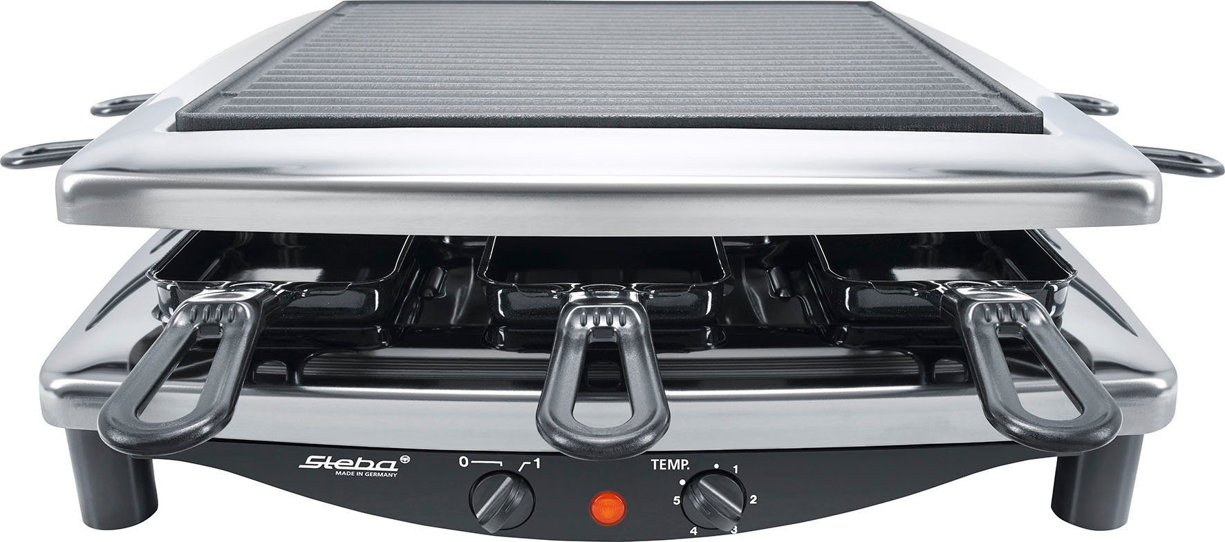 Steba Raclette RC 3 plus chrom, 8 Raclettepfännchen, 1450 W