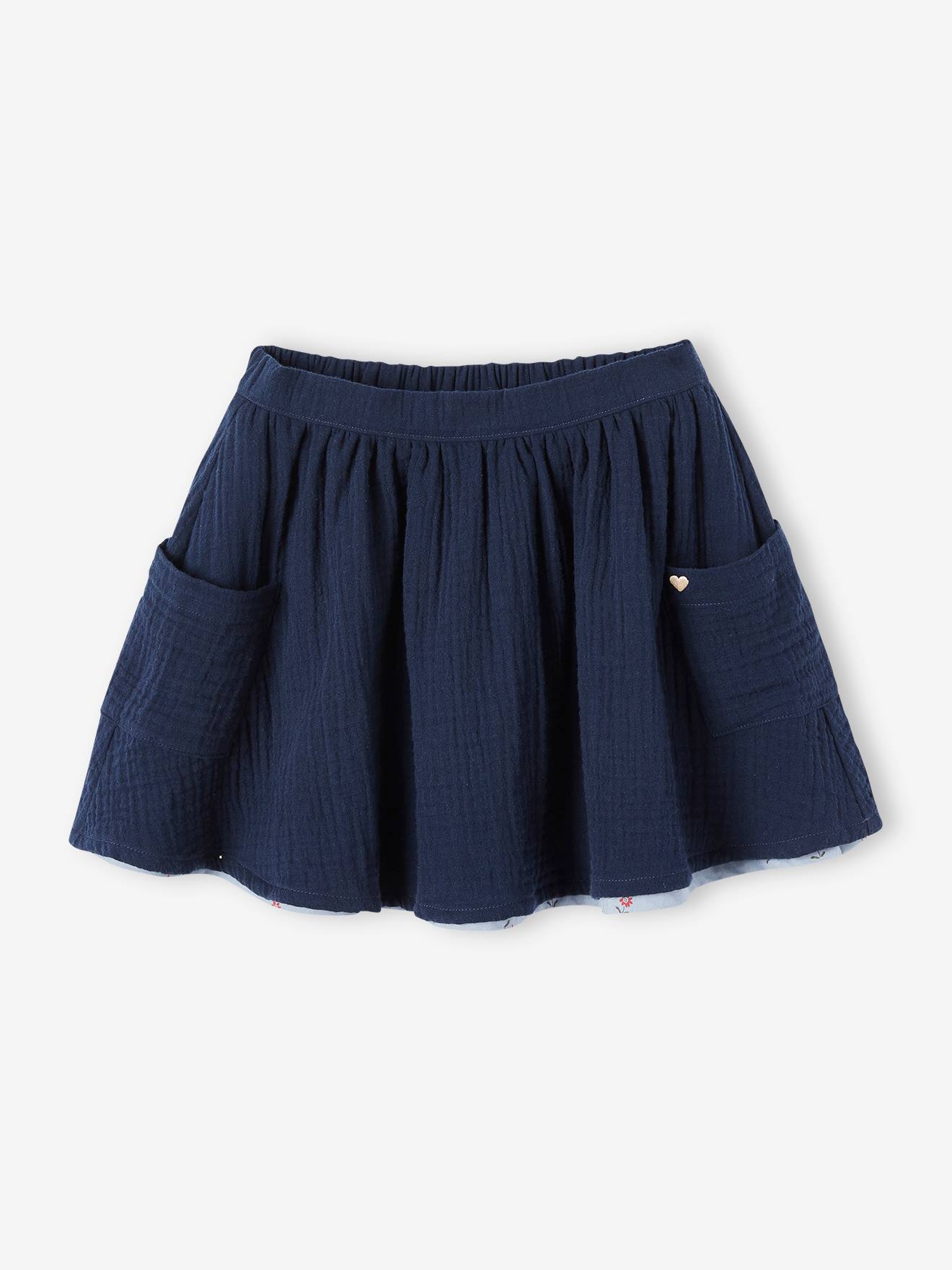Jupe réversible fille en gaze de coton et imprimé fleurs caramel