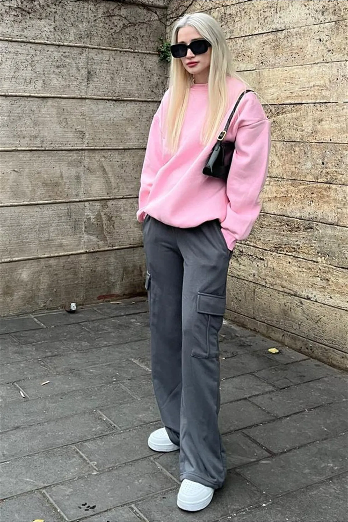 Madmext  Geräucherte Damen-Jogginghose mit weitem Bein und Cargotasche Mg1615