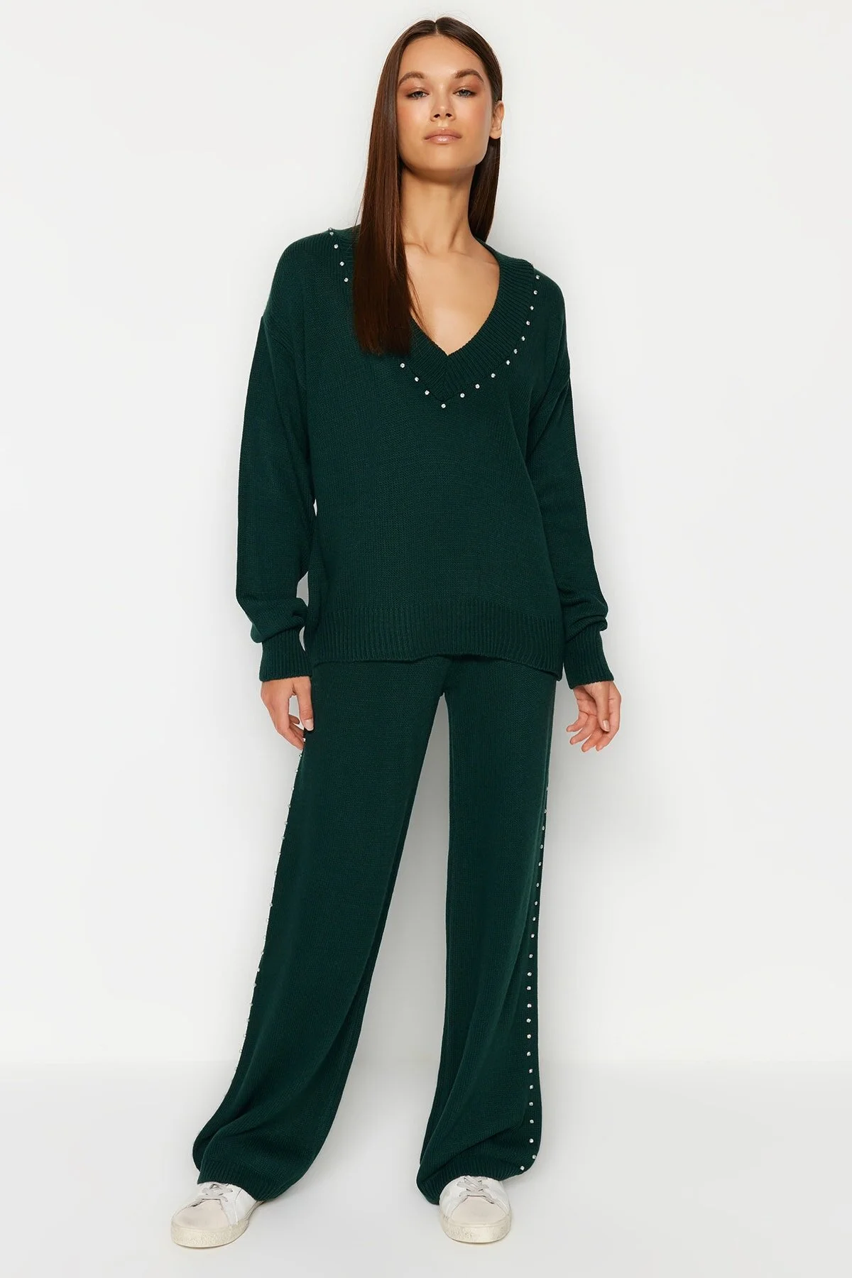 Trendyol Collection  Smaragdgrünes, weit geschnittenes Strickoberteil- und -unterteil-Set TWOAW24AU00008