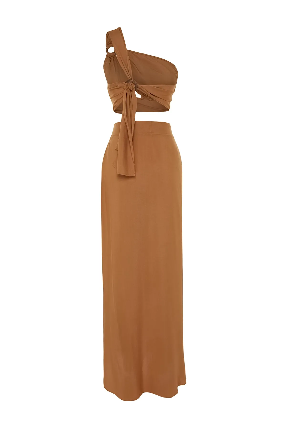 Trendyol Collection  Braunes gewebtes Accessoire-Set mit einer Schulter und Bluse und Rock TBESS23AU00133