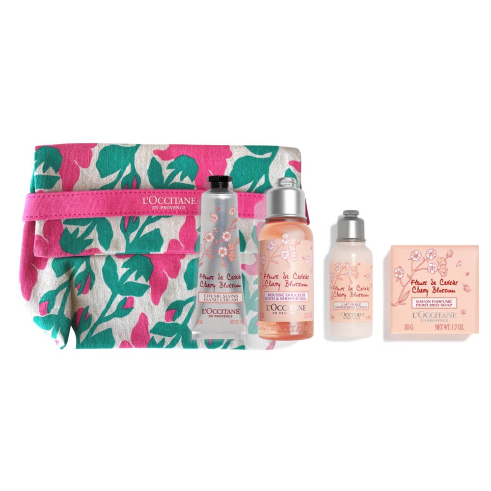 L&'OCCITANE Kirschblüte Täschchen = Kirschblüte Handcreme 30 ml + Kirschblüte Körpermilch 35 ml + Kirschblüte Seife 50 g + K