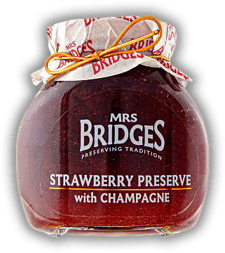 Mrs Bridges Strawberry Preserve with Champagne 340g Mrs Bridges Strawberry Preserve with Champagne 340g Erdbeerkonfitüre extra, verfeinert mit einem Schuss Champagner. 340	 Gramm