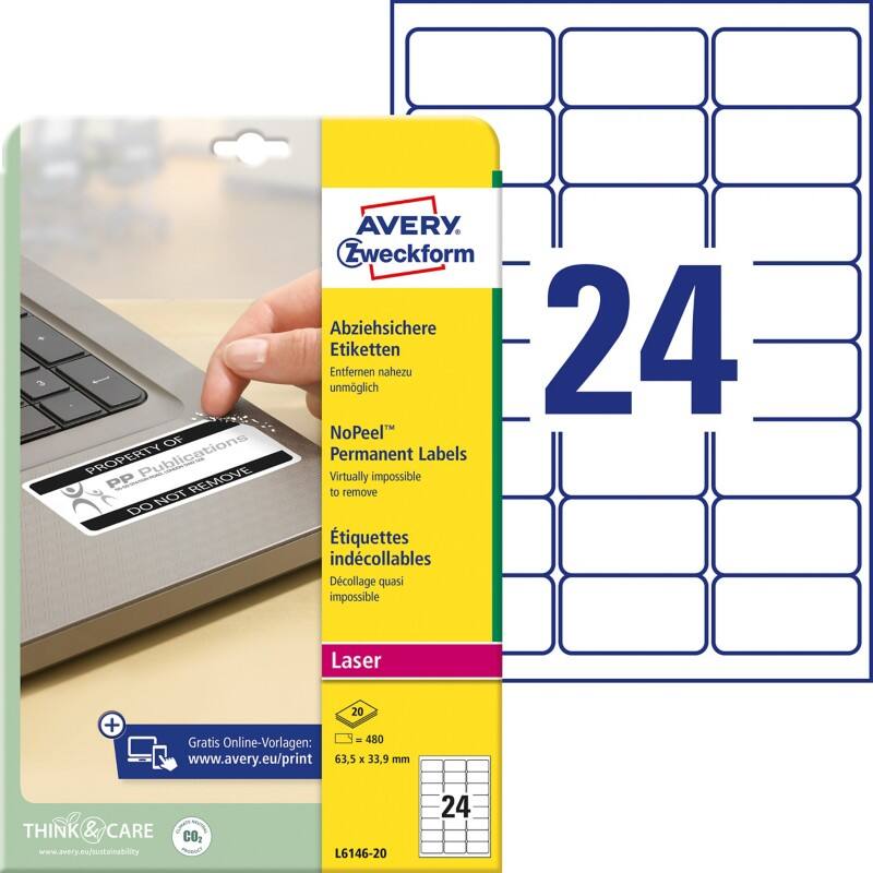AVERY Zweckform L6146-20 Etiketten Abziehsicher DIN A4 Weiß 63,5 x 33,9 mm 20 Blatt à 24 Etiketten