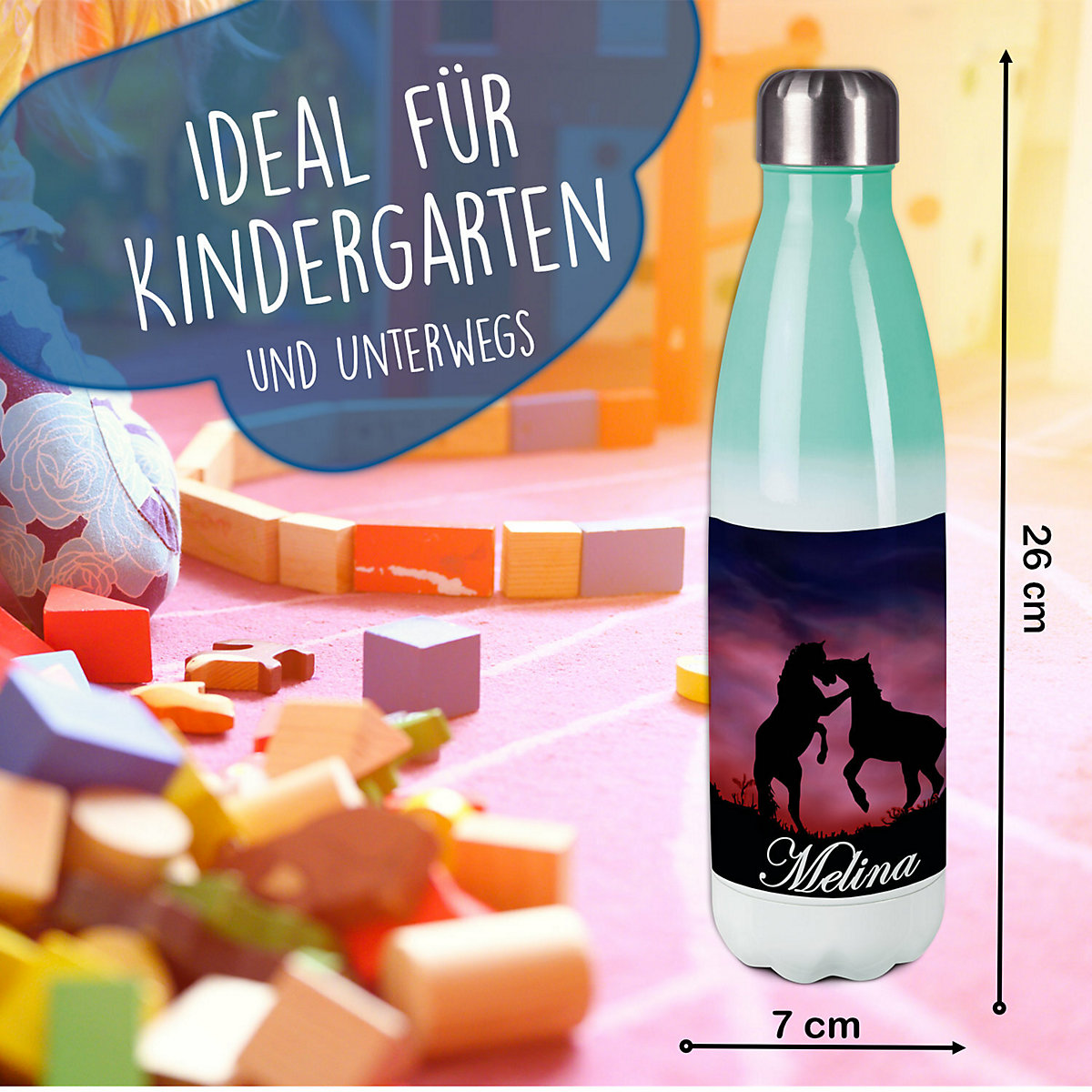 Edelstahl Kinder Thermoflasche / Trinkflasche bunt Pferde Spülmaschinenfest, Auslaufsicher, Bruchfest, Doppelwandig, Für Heißgetränke geeignet, Mit Deckel, Isoliert
