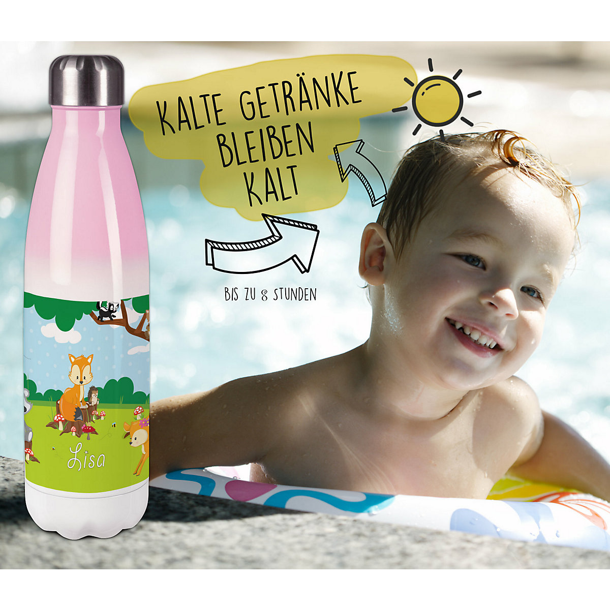 Edelstahl Kinder Thermoflasche / Trinkflasche bunt Waldtiere Spülmaschinenfest, Auslaufsicher, Bruchfest, Doppelwandig, Für Heißgetränke geeignet, Mit Deckel, Isoliert