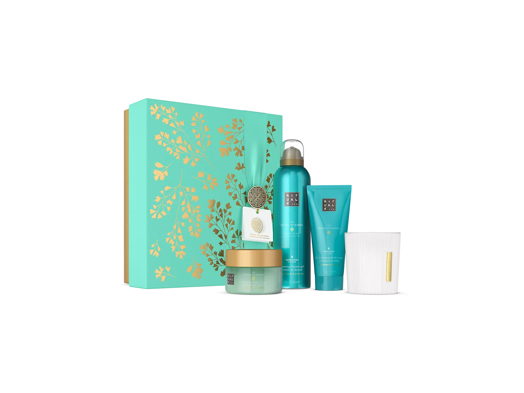 The Ritual of Karma Coffret M douchegel shuimende 200 ml, crème corporelle 100 ml, gommage corporel 125 g, kaars 140 gr