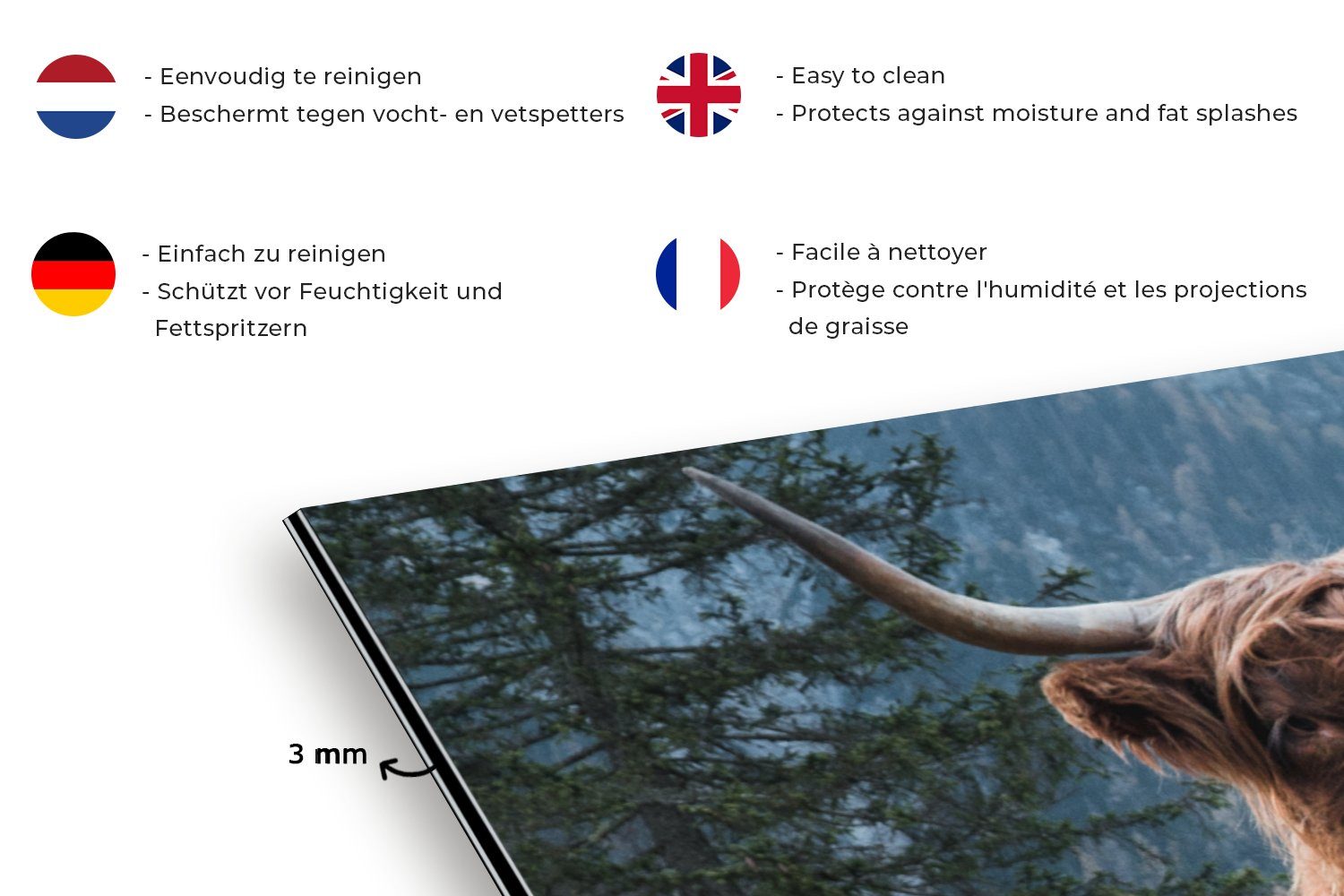 MuchoWow Küchenrückwand Schottische Highlander - Berg - Landschaft - Bäume - Kuh - Natur, (1-tlg), 60x30 cm, Wandschutz, gegen Fett und Schmutzflecken für Küchen