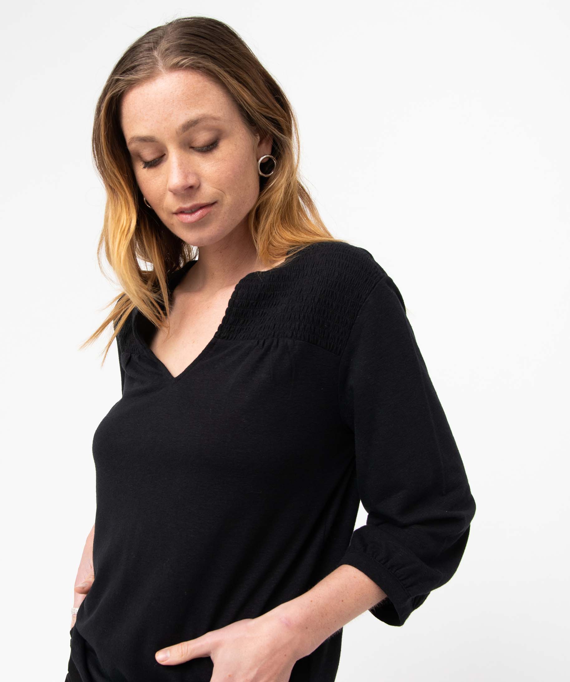 Tee-shirt femme à manches 3/4 avec smocks sur le buste noir | GEMO