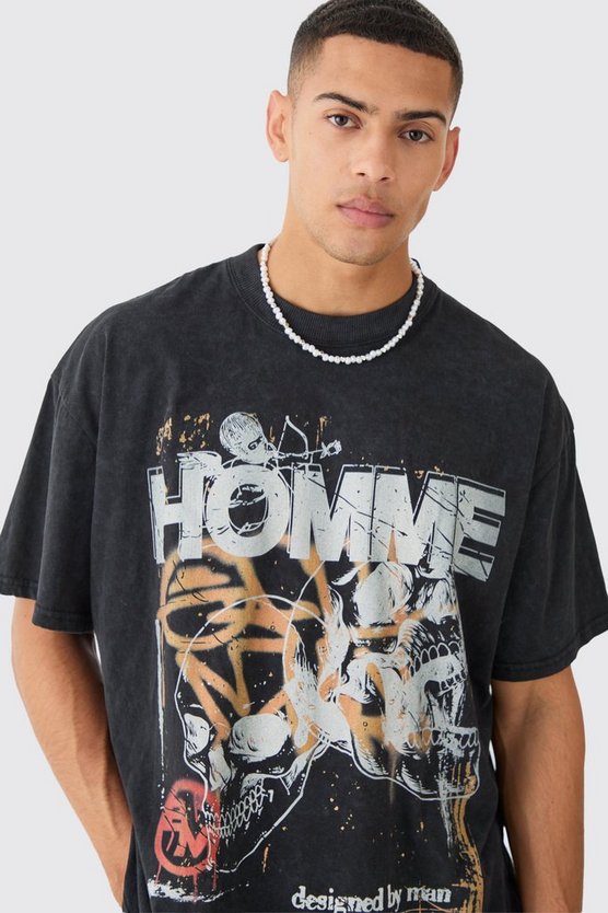 Oversize T-Shirt mit Acid-Waschung und Totenkopf-Print