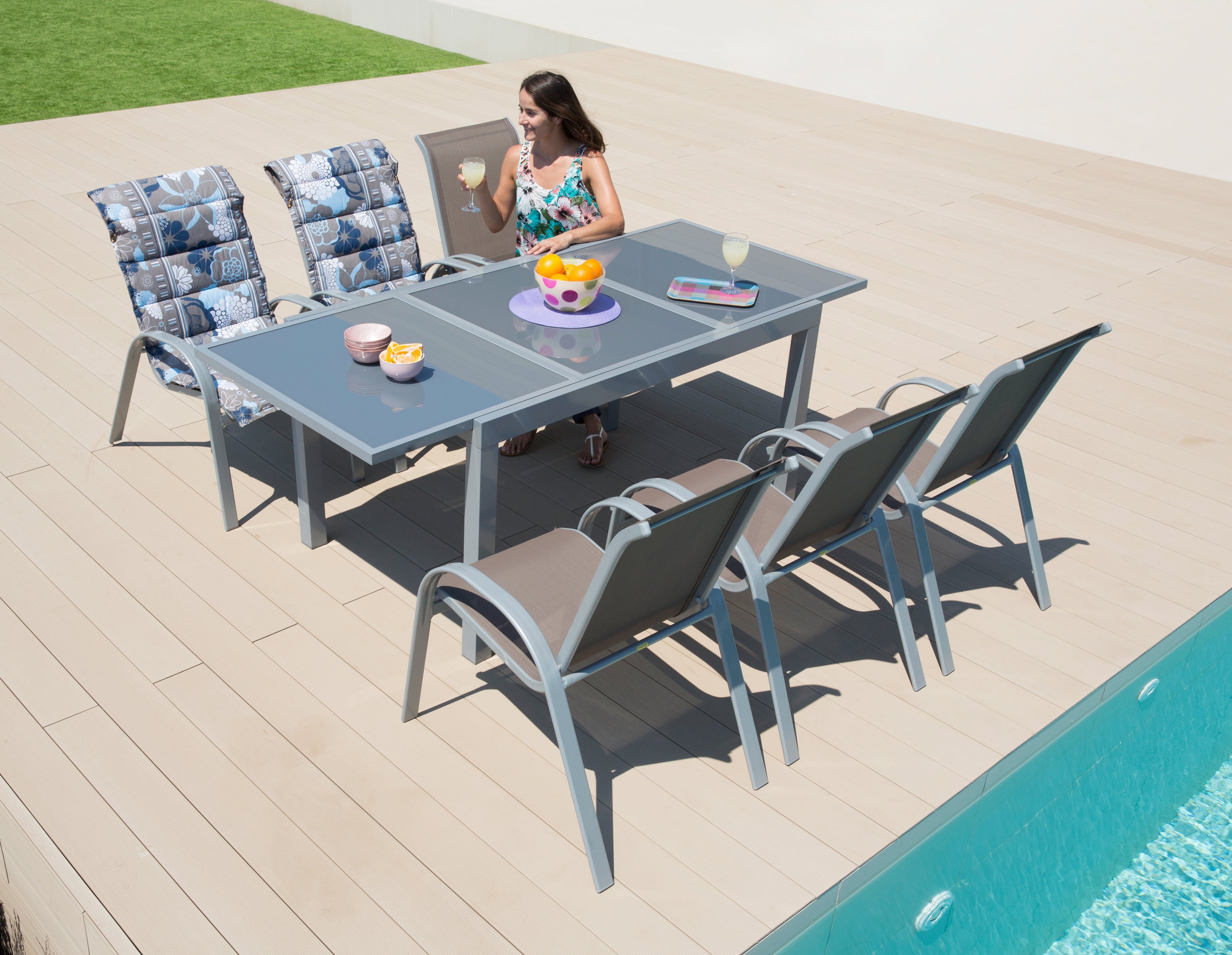 MERXX Garten-Essgruppe Amalfi, (7-tlg), 6 Sessel, Tisch ausziehbar 90x140-200 cm, Alu/Textil