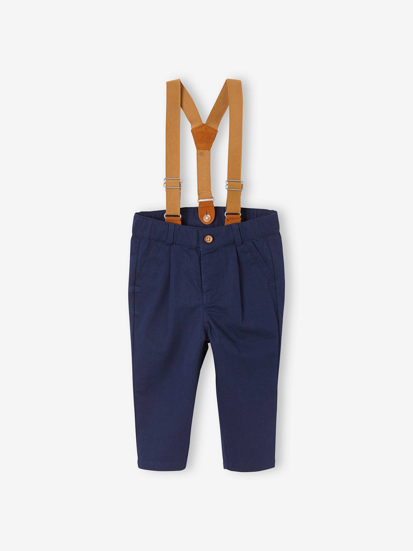 Ensemble bébé chemise + pantalon à bretelles + noeud papillon écru