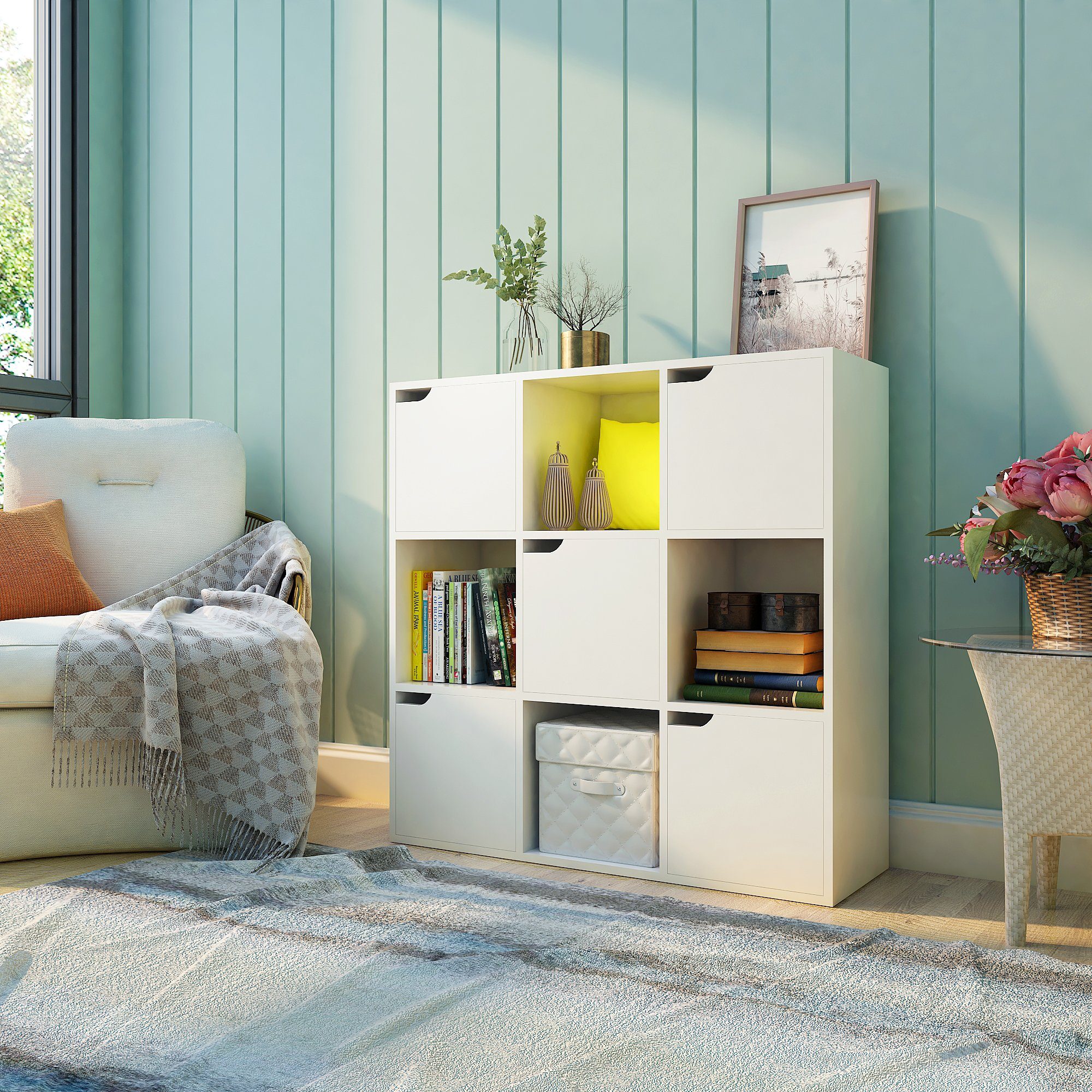 Mondeer Bücherregal Bücherschrank, Aufbewahrungsregal, 9 Fächer mit 5 Türen, Moderner Stil