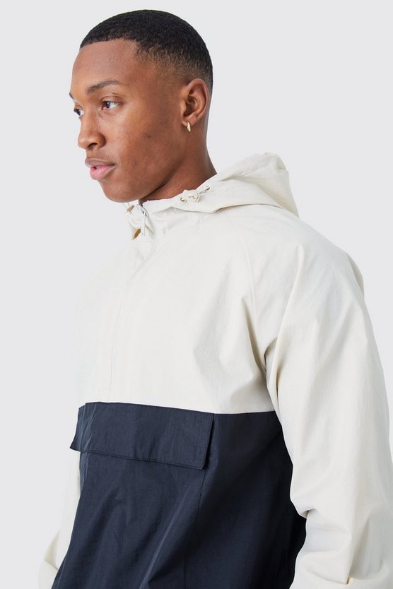 Colorblock Regenjacke mit Kapuze und halbem Reißverschluss