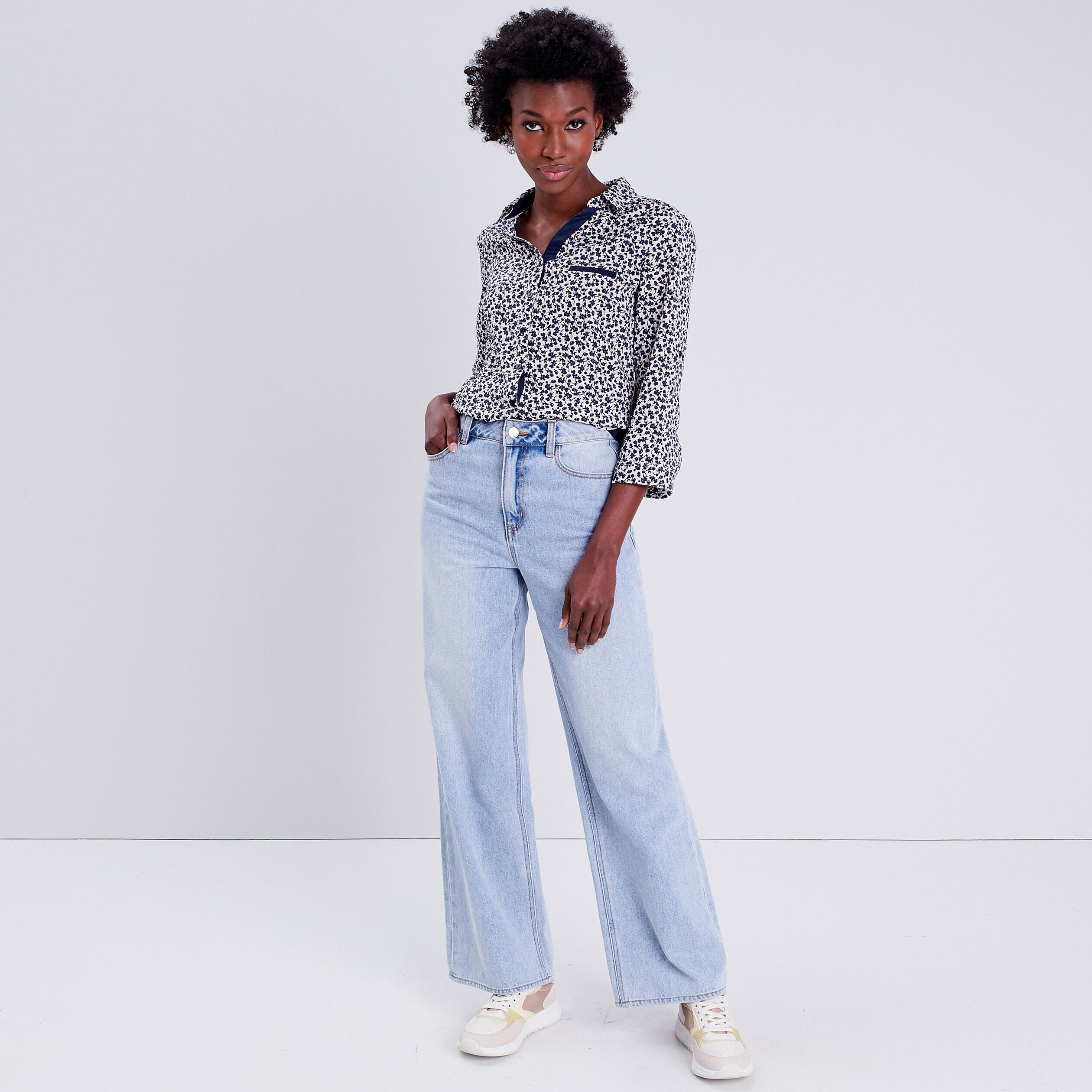Blouse manches 3/4 bleu marine femme | Cache Cache