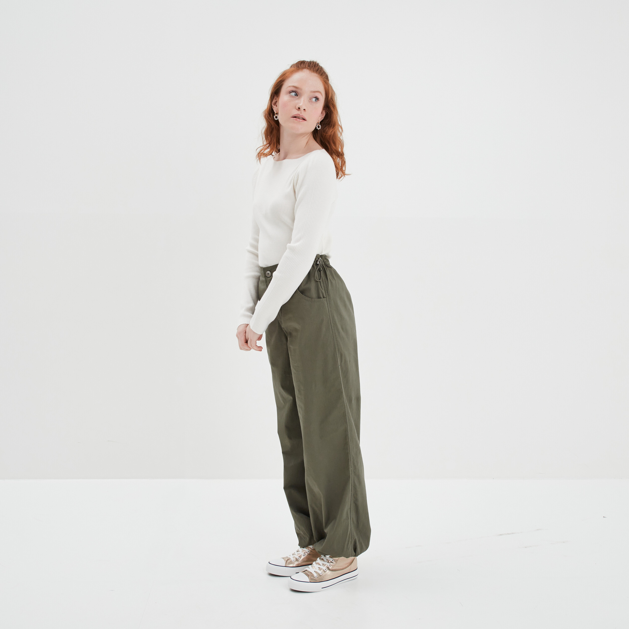 Pantalon loose bas resserré vert kaki femme | La Halle