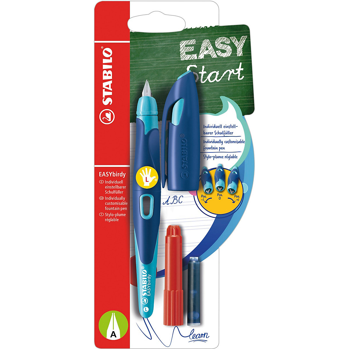 Schulfüller EASYbirdy Linkshänder A-Feder mitternachtsblau/azur, inkl. Patrone & Einstellwerkzeug