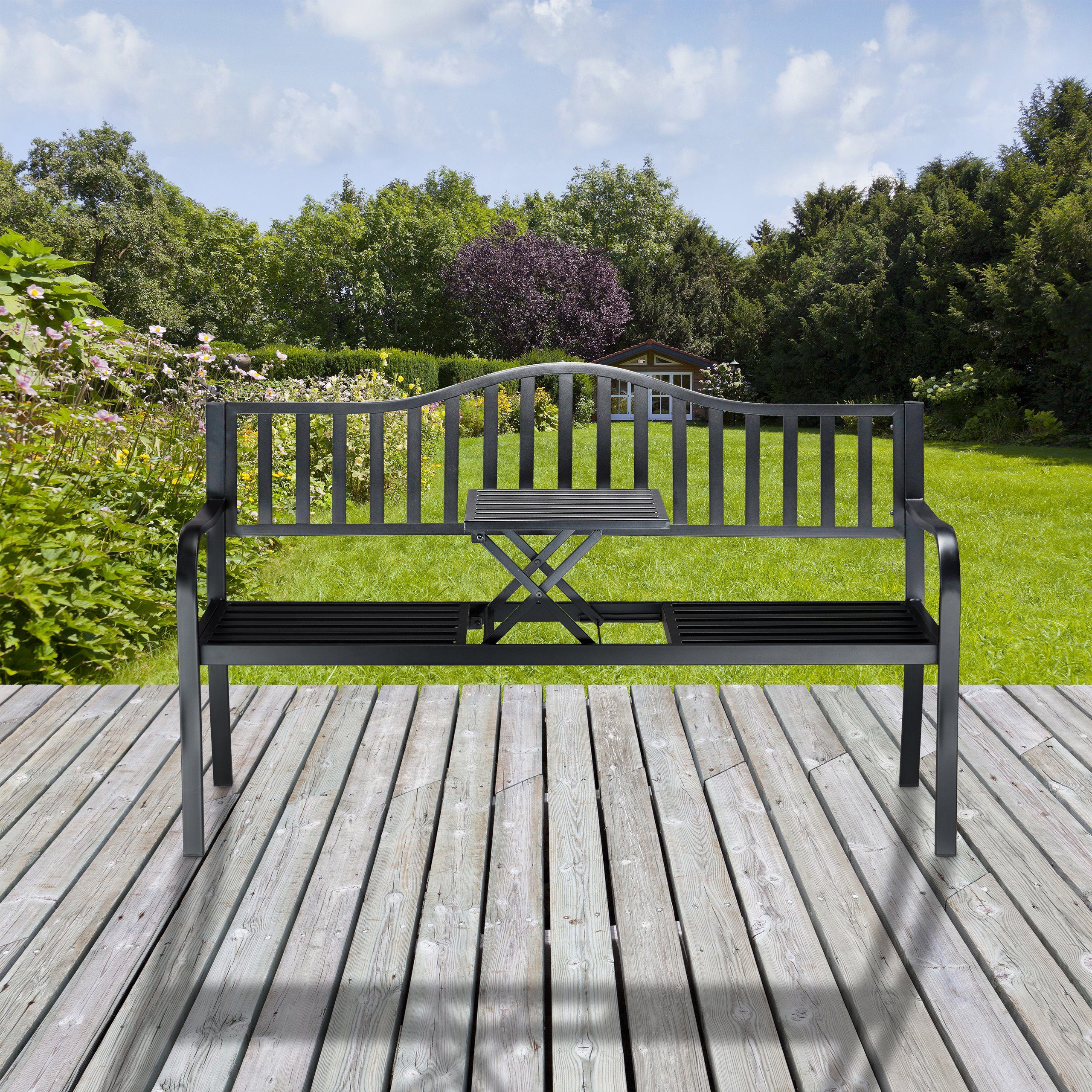 relaxdays Gartenbank Gartenbank mit ausklappbarem Tisch