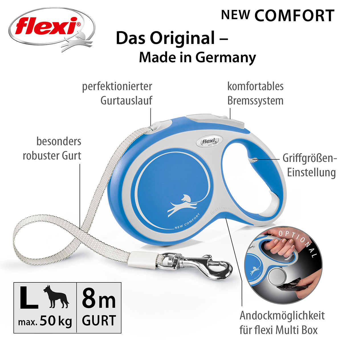 flexi New Comfort Gurtleine blau L 8m günstig kaufen bei ZooRoyal
