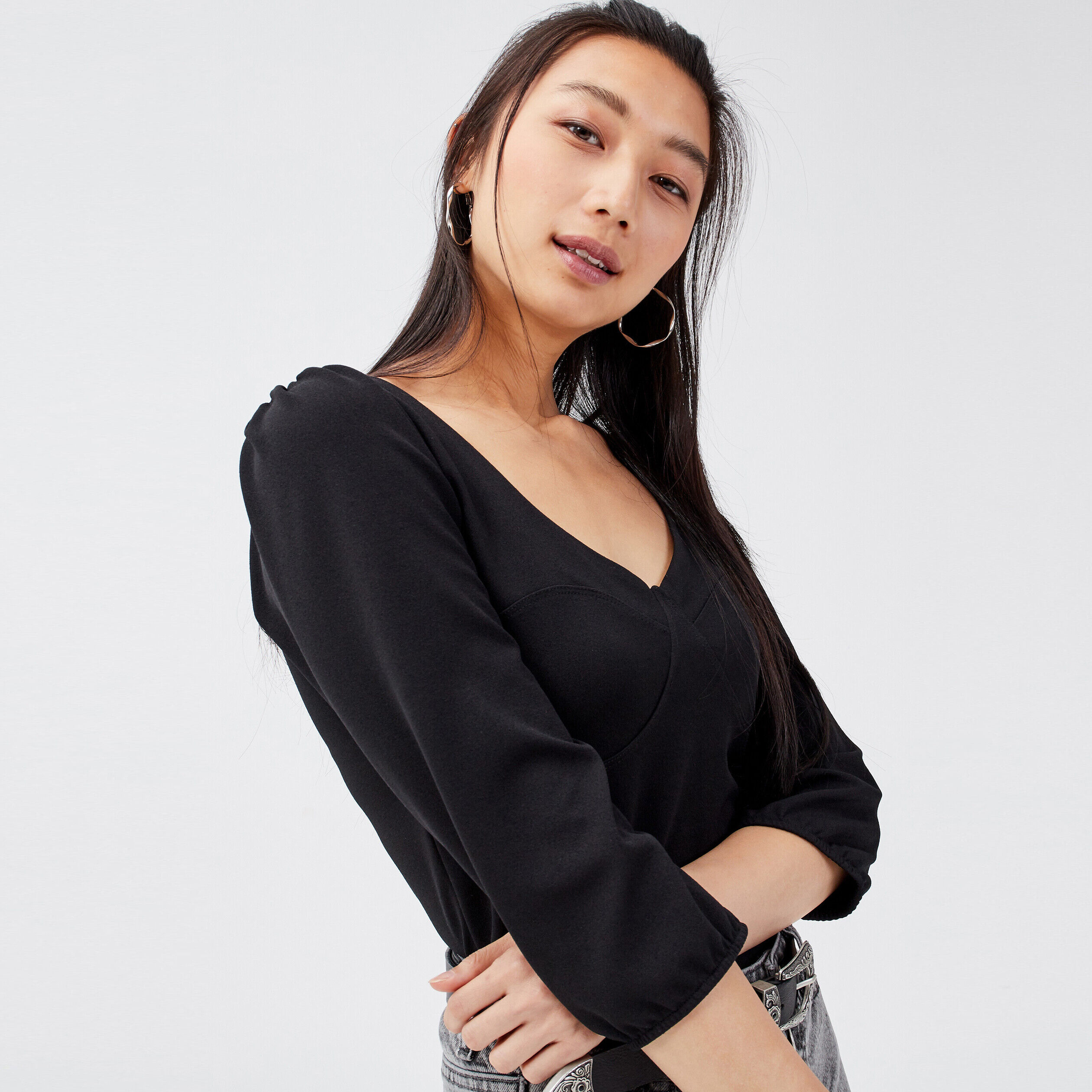 T-shirt manches 3/4 noir femme | Cache Cache