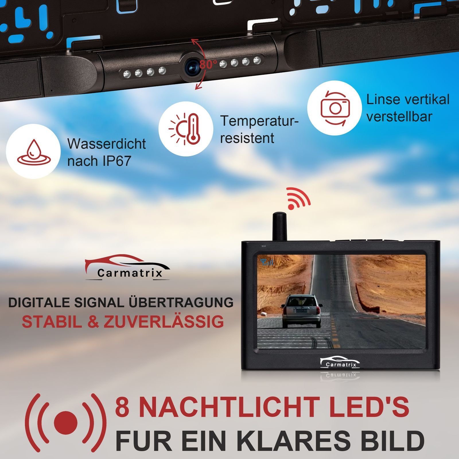 CARMATRIX Kabel 1 Rückfahrkamera (Auto Funk Rückfahrsystem im Nummernschild Kennzeichenhalter, Rückfahrkamera Digital kabellose Einparkhilfe zum nachrüsten)