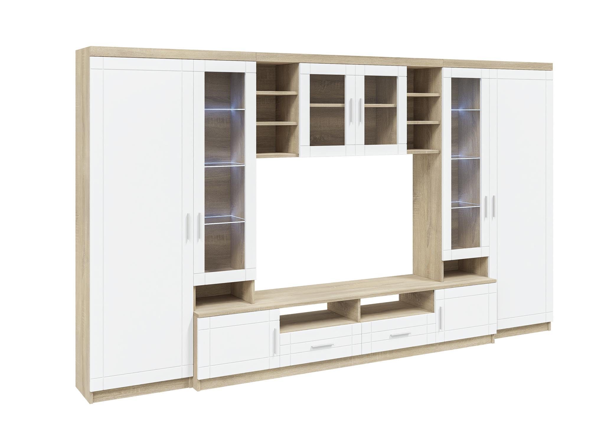 Furnix Wohnwand PALLOMA Schrankwand multifunktionell, 2 Hochschränke, TV-Schrank, Hängeschrank, B340 x H198 x T44 cm