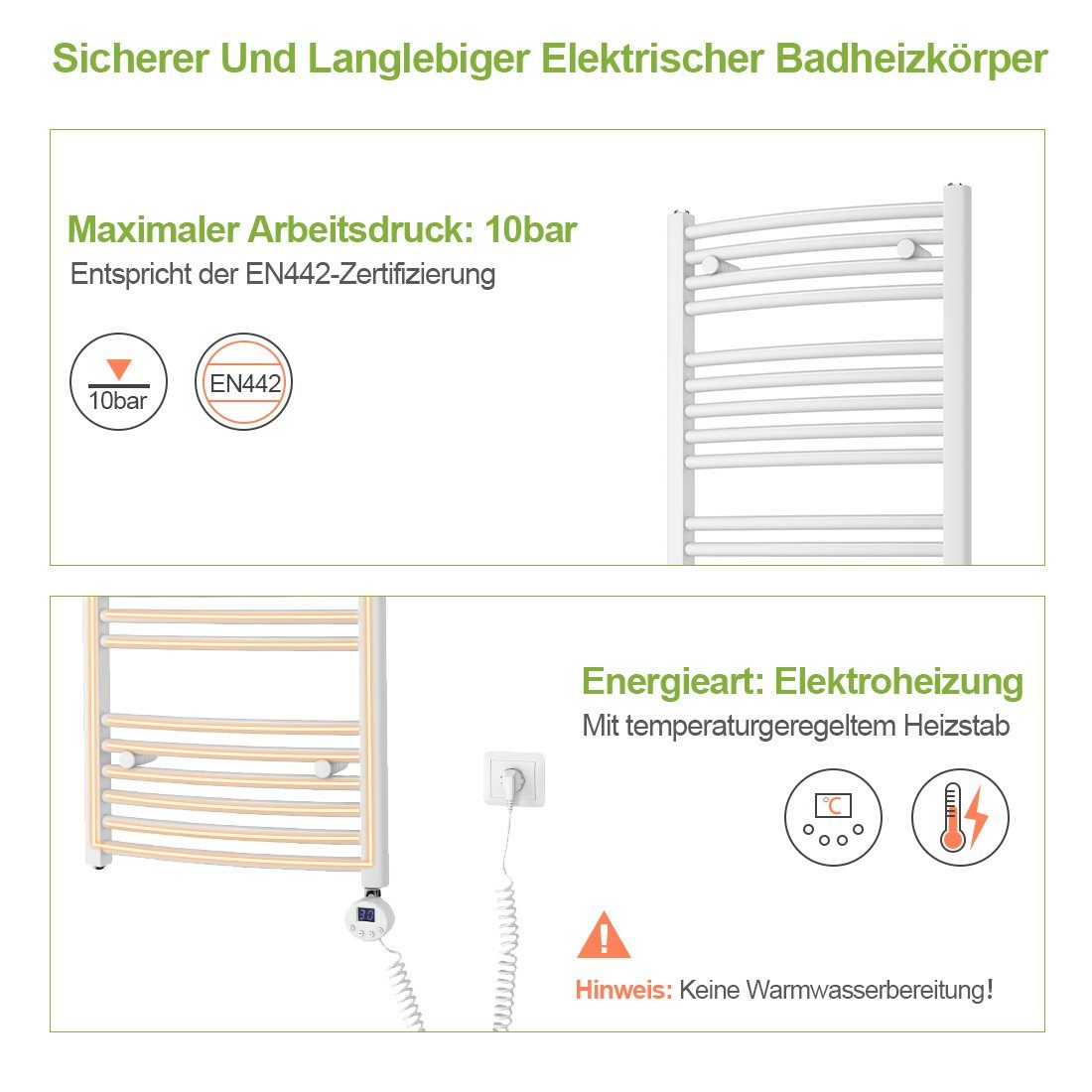 S'AFIELINA Elektrischer Badheizkörper Gebogen Heizkörper Badheizkörper Handtuchwärmer Handtuchtrockner, Elektrisch,mit Intelligentes Heizstab