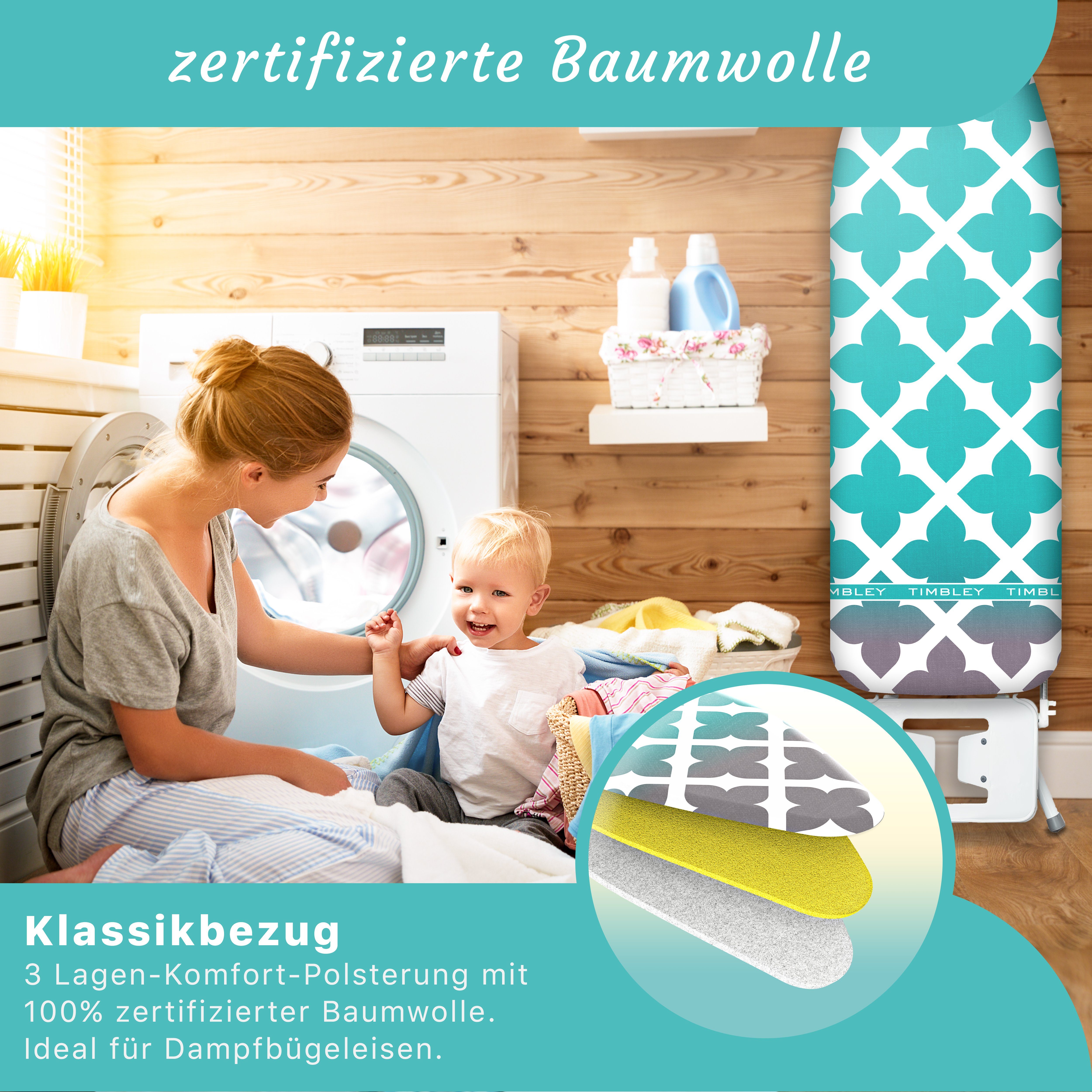 Timbley Bügelbrettbezug in 9 Varianten Made in EU grau/türkis-grau, Zubehör für Bügeltische, 108-115cm, 116-125 cm, 130-140cm