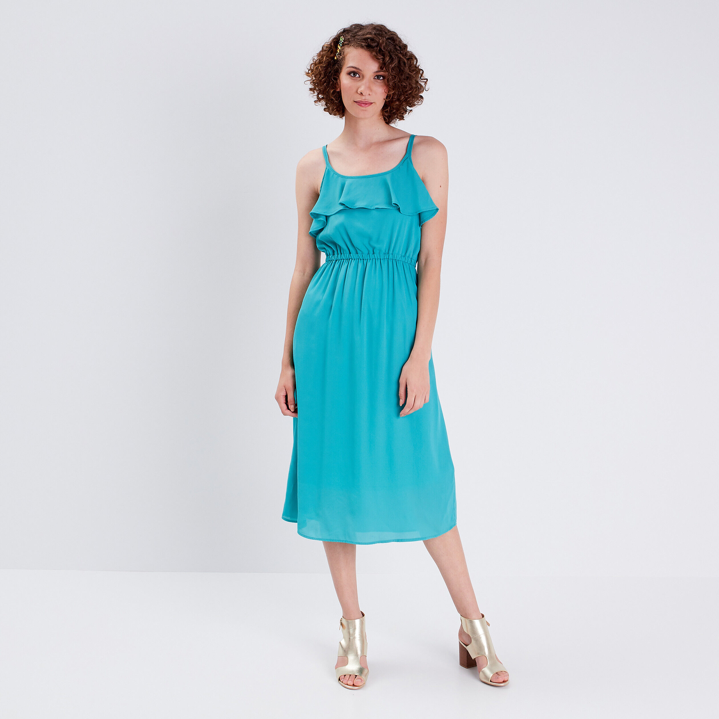 Robe longue évasée bleu turquoise femme | Cache Cache