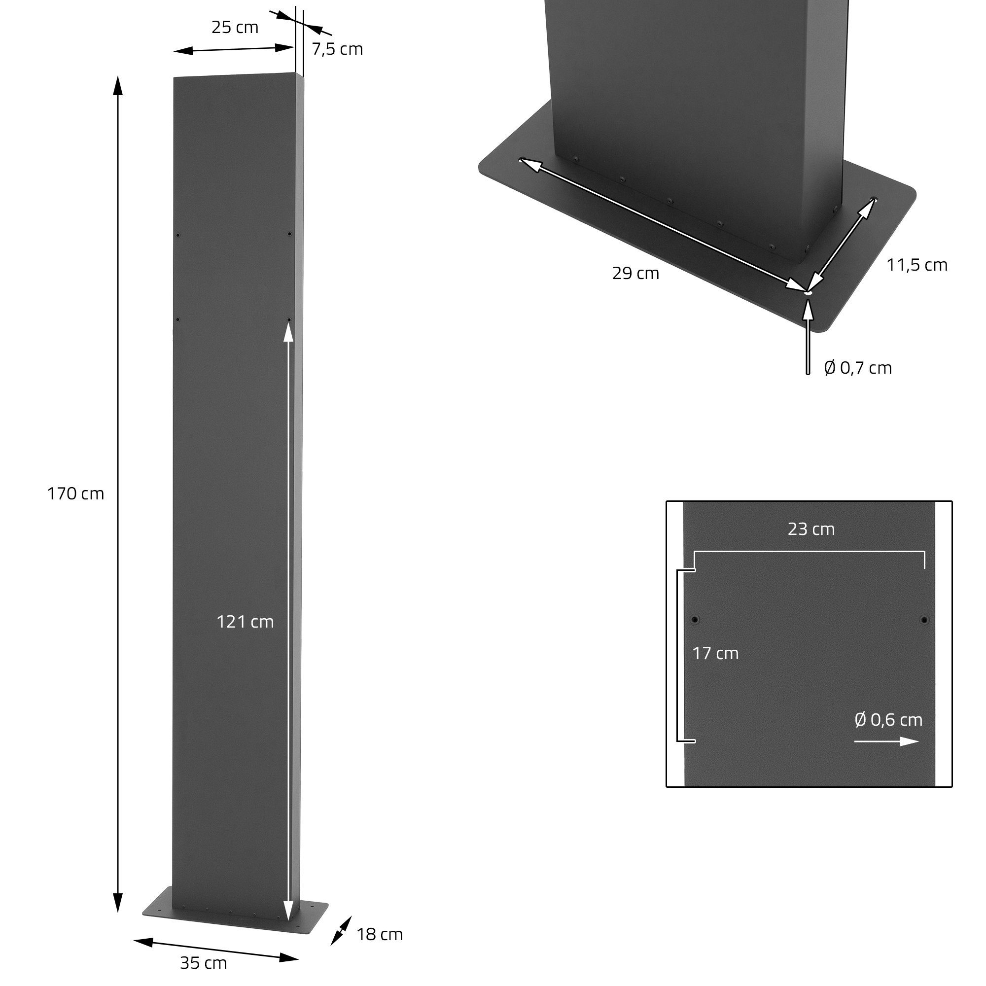 ML-DESIGN Briefkasten Briefkastenständer Wandbriefkasten Standfuß Ständer Halterung, Edelstahl pulverbeschichtet Anthrazit 170cm Freistehend
