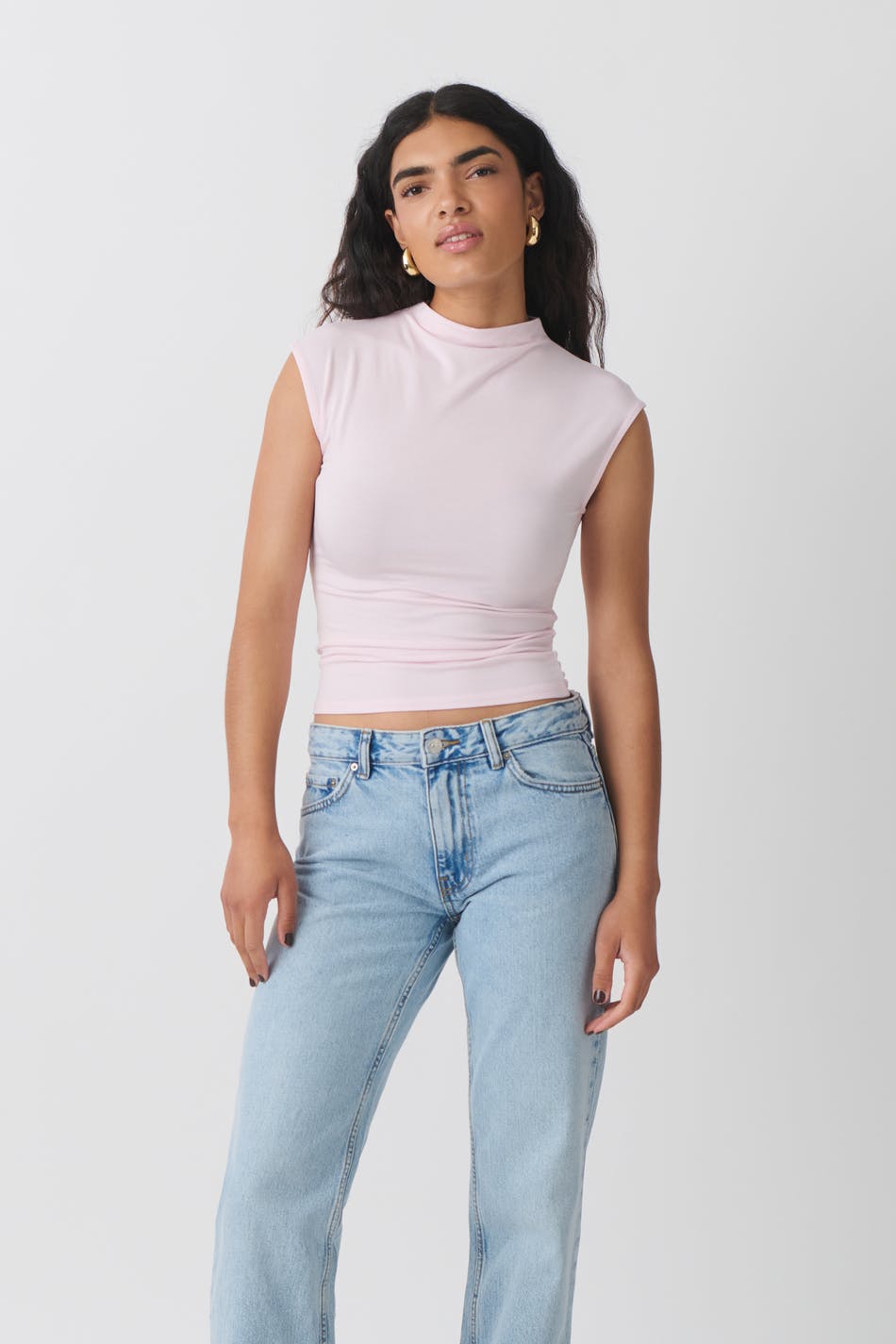 Soft touch funnel neck top