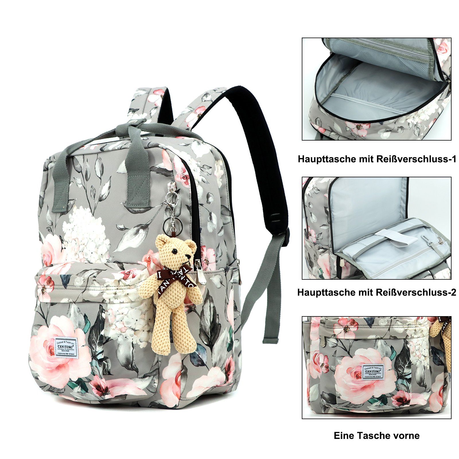 TAN.TOMI Schulrucksack Schulrucksäcke Damen Herren Tagesrucksack mit laptopfach, wasserdichte Mitgeliefert wird ein kleiner Teddybär-Anhänger