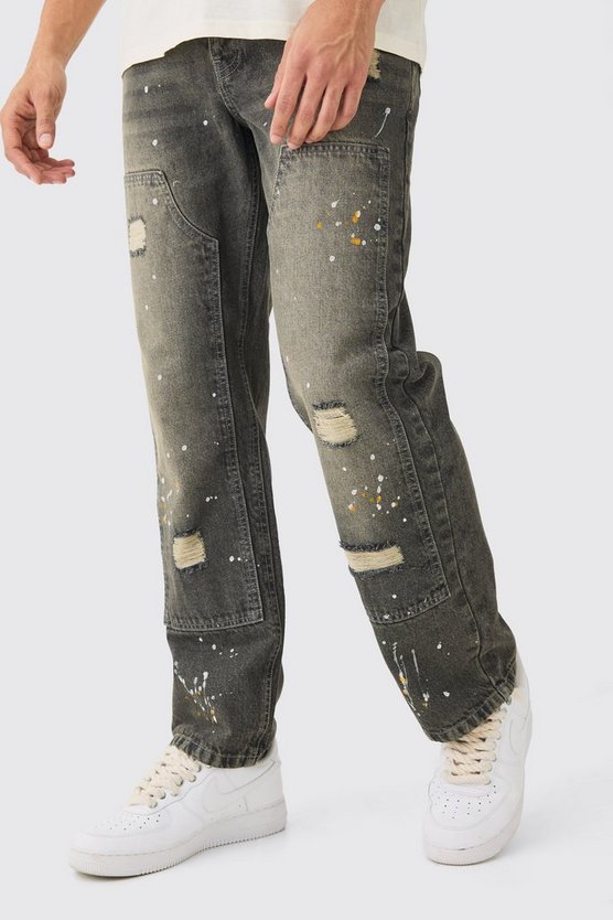 Lockere Jeans mit Farbspritzern in Antik-Grau