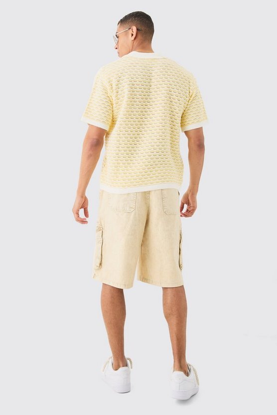 Kastiges strukturiertes Oversize Strick-Poloshirt mit Streifen