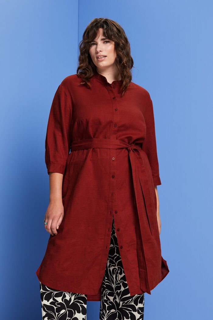 CURVY Hemdblusenkleid mit Gürtel, Baumwolle-Leinen-Mix