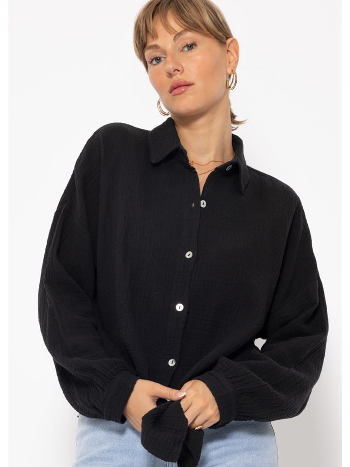 SASSYCLASSY Musselin Bluse im Regular Fit in Schwarz günstig kaufen