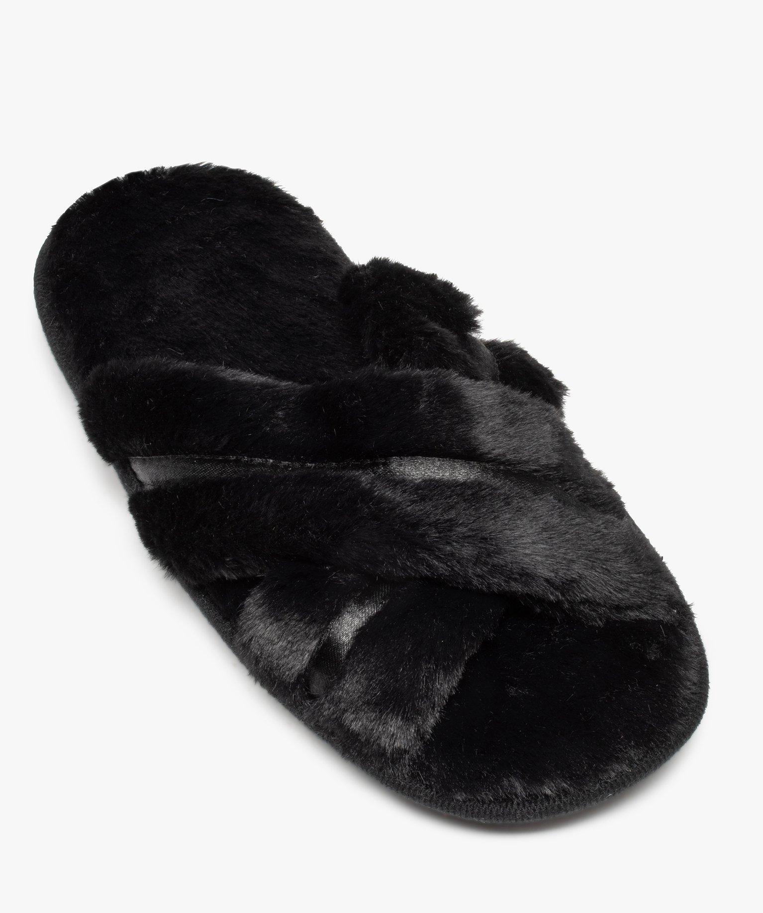 Chaussons femme mules ouvertes en fourrure imitation noir | GEMO